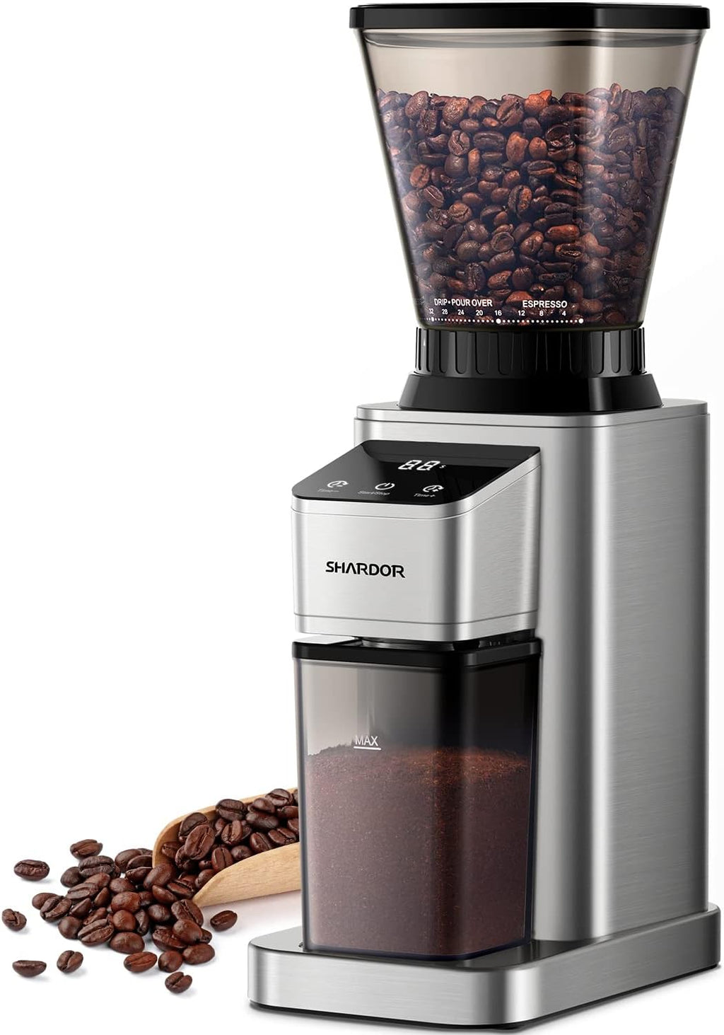 Conical Burr Coffee Bean Grinder, Anti-Static, 48 Settings, Silver