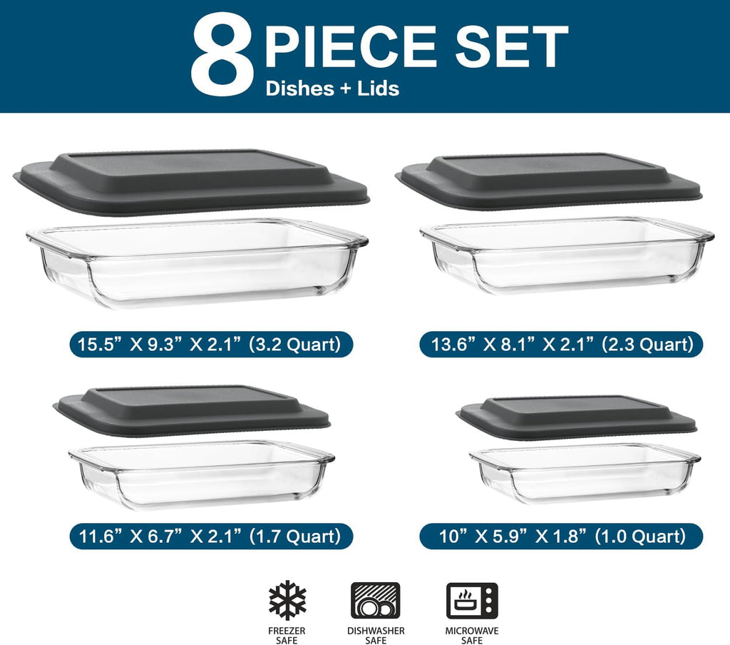 Lasagna Pan Set with 4 Glass Dishes and Gray Lids, 8.2 Quarts