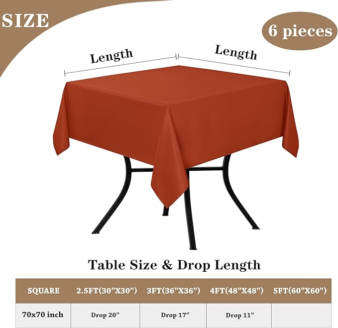 Square Polyester Tablecloth in Rust, 70 x 70 Inch, Stain Resistant