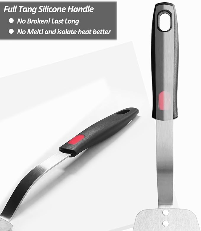 Stainless Steel Spatula, Flexible Metal Slotted Turner for Cast Iron Skillet, Thin Blade and Heat Resistant Silicone Handle, Great for Egg, Cookie, Meat, Crep, Medium