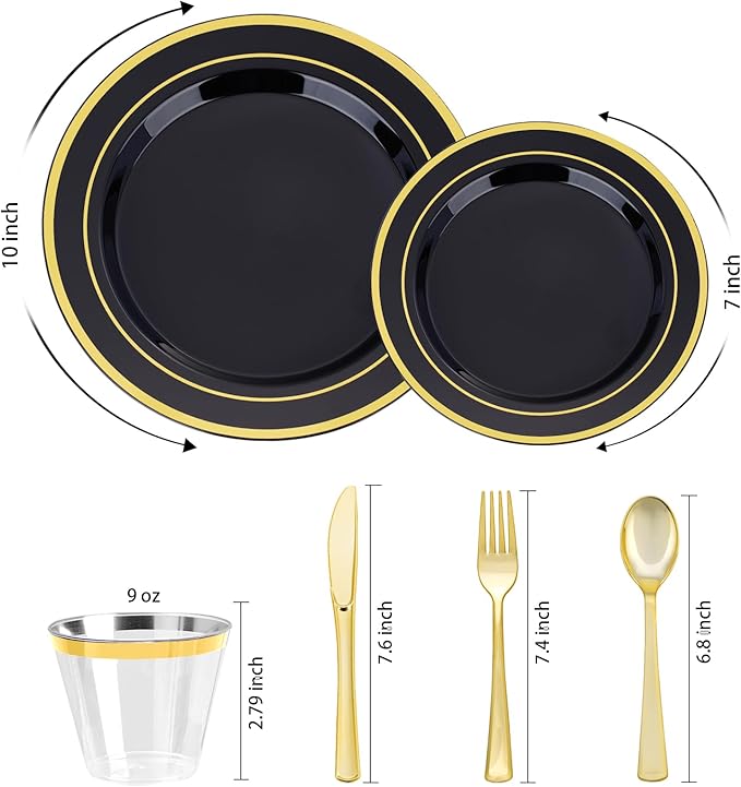 Disposable Plates Set, Black with Gold Rim, 600 Pieces for 100 Guests
