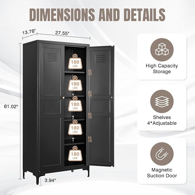 Pantry Cabinet, 61-Inch Tall Metal with 2 Doors and 4 Adjustable Shelves, Black