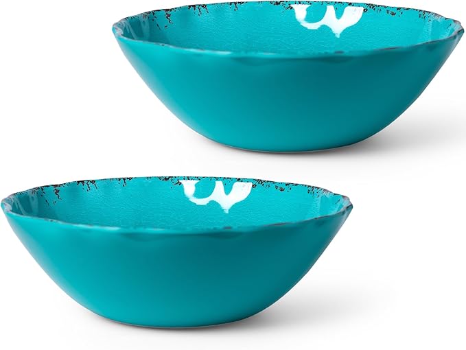 Serving Bowls Set of 2, Teal Melamine, 12-Inch Farmhouse Salad Bowls