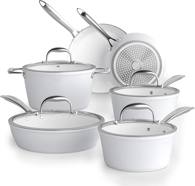 COOKSMARK Nonstick Ceramic Cookware Set, Induction & Dishwasher Safe Scratch-Resistant Pots and Pans Set with Glass Lids 10 Pieces, White