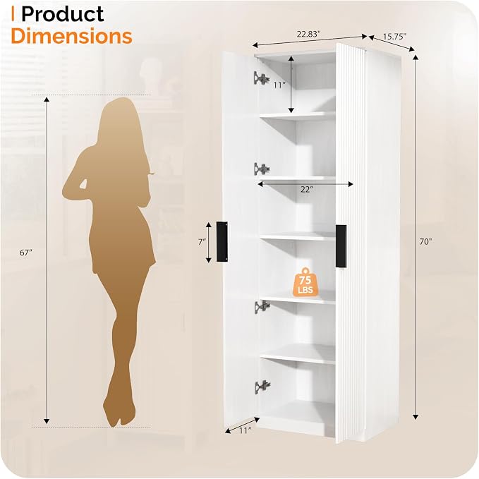 Pantry Cabinet, 70-Inch Tall, 5 Adjustable Shelves, Fluted Doors, White
