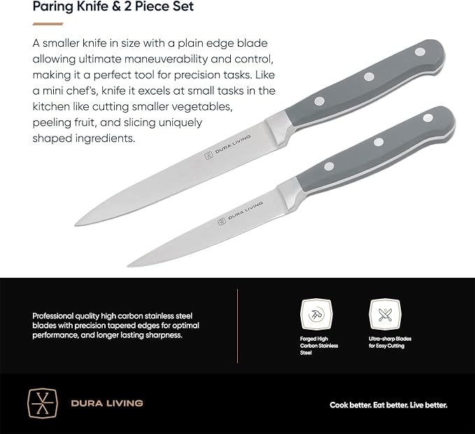 DURA LIVING 3-Piece Kitchen Knife Set – Ultra-Sharp Forged High Carbon Stainless Steel, Includes 8" Chef, 5" Utility, 3.5" Paring Knives, Ergonomic Handles, Professional Starter Set, Gray