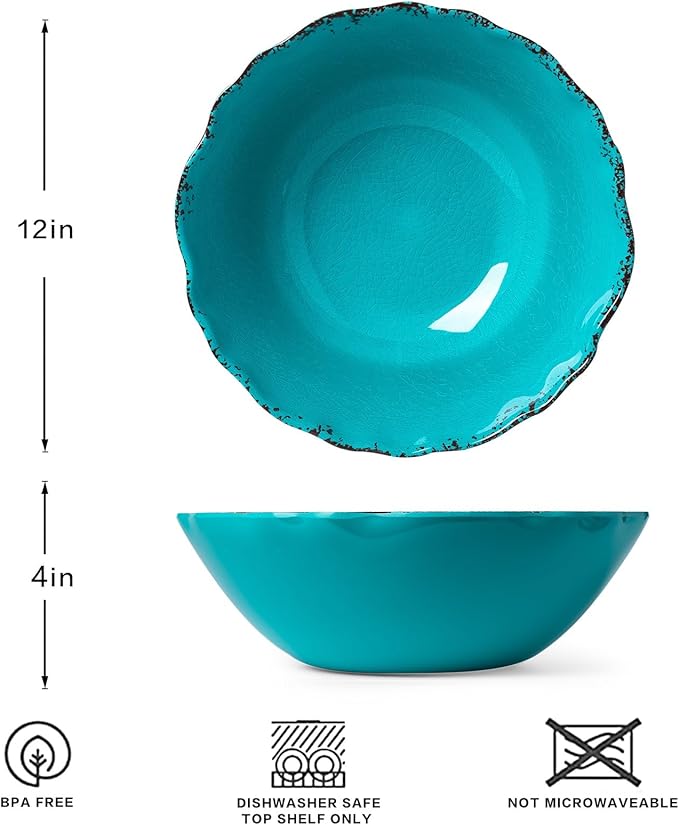 Serving Bowls Set of 2, Teal Melamine, 12-Inch Farmhouse Salad Bowls