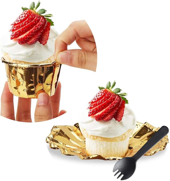 Baking Cups: 100 Mini Gold Foil Liners with Lids and 50 Spoons