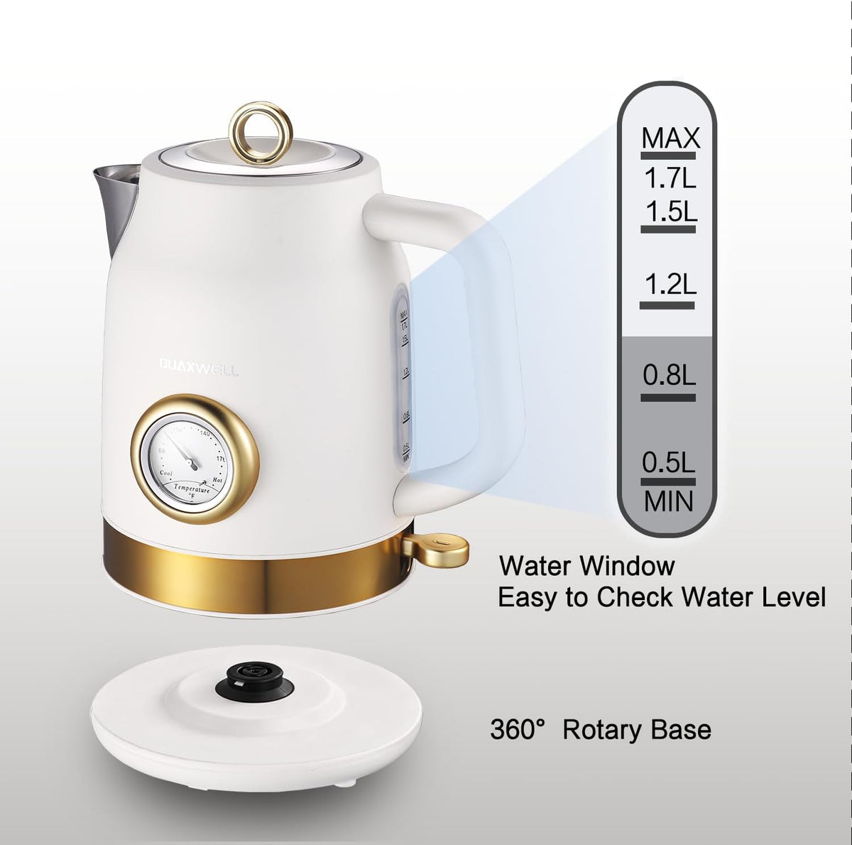 Retro Electric Tea Kettle, 1.7L, Matte White and Gold – set view