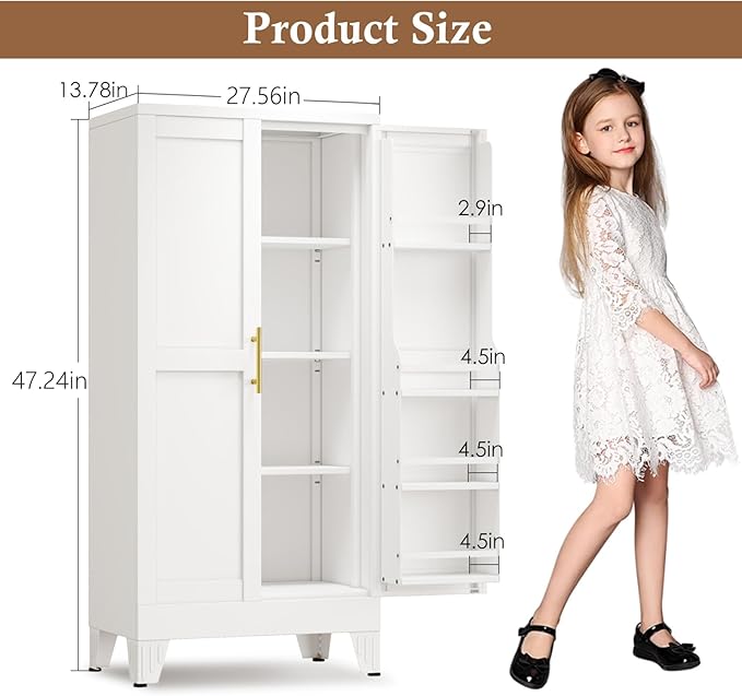 Freestanding Metal Pantry Cabinet with 2 Doors and 3 Adjustable Shelves, White