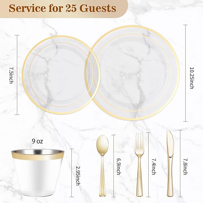 Disposable Plastic Plates Set for 50 Guests, 300 Pieces, Clear Gold Rim