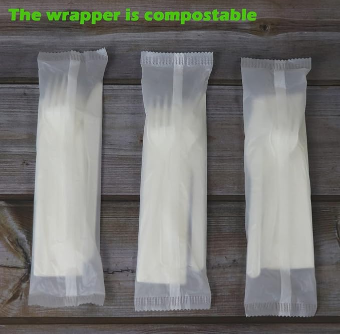 Compostable Cutlery Kits, 200 Sets with Fork, Spoon, Knife and Napkin