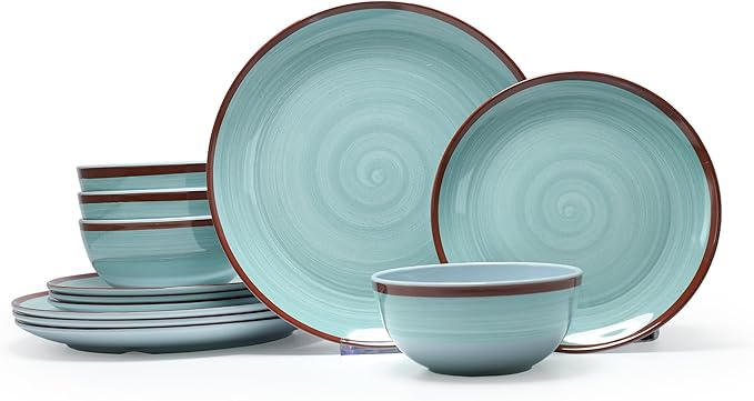 Dinnerware Sets for 4, 12 Piece Green Melamine Round Plates and Bowls