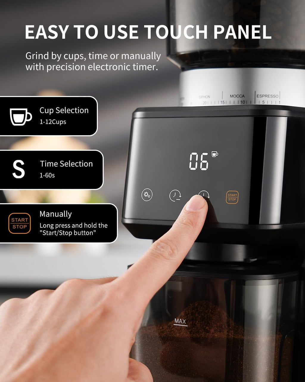 Electric Burr Coffee Grinder, 51 Grind Settings, 1.4 oz Capacity, Silver