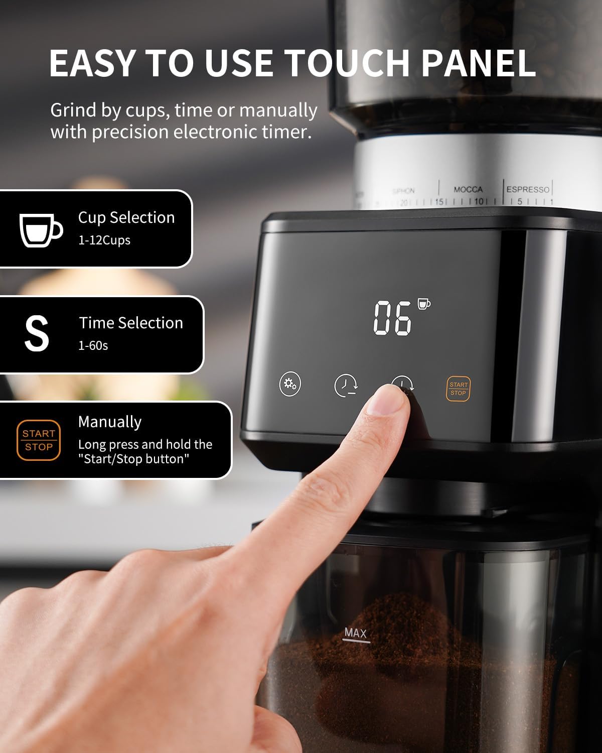 Electric Burr Coffee Grinder, 51 Grind Settings, 1.4 oz Capacity, Silver