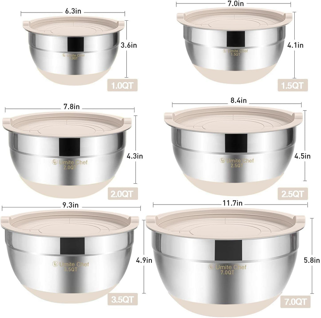 Mixing Bowls with Airtight Lids, 6 piece Stainless Steel Metal Nesting Storage – size reference
