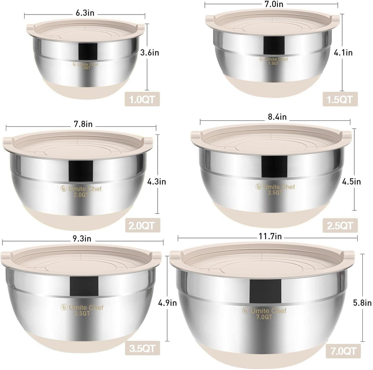 Mixing Bowls with Airtight Lids, 6 piece Stainless Steel Metal Nesting Storage – size reference