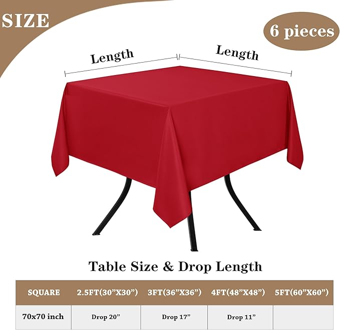 Red Square Polyester Tablecloths, 6 Pack for Dining and Picnic Tables