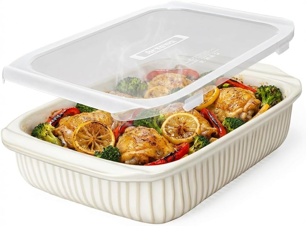 5.1 Qt Ceramic Casserole Dish with Lid, Deep Baking Dish, White