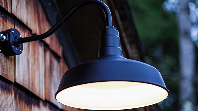 Steel Lighting Co. Gardena Barn Light | Outdoor Wall Mounted | 16" Dome | Upward Sloping Gooseneck | Farmhouse Light Made in America | Gray Blue Exterior/Brass Interior