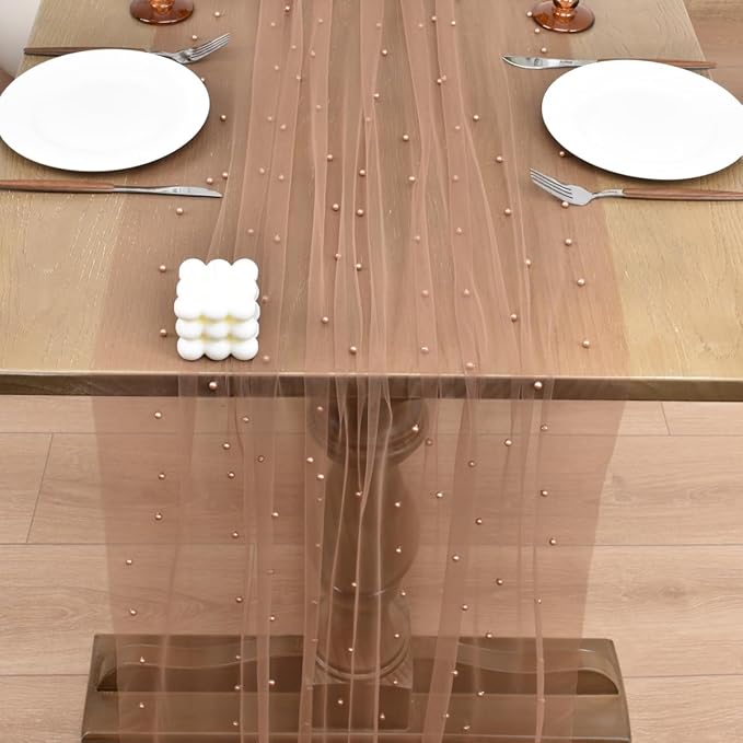 Table Runner 10 Ft Coffee Tulle with Pearls, 4 Pack