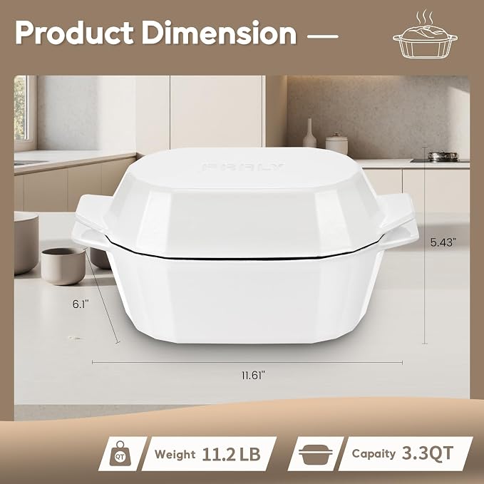 Loaf Pan Dutch Oven, 3 Quart Enameled Cast Iron with Lid in White