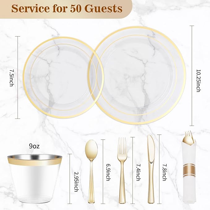 Plastic Party Plates Set for 50 Guests, Clear with Gold Rim