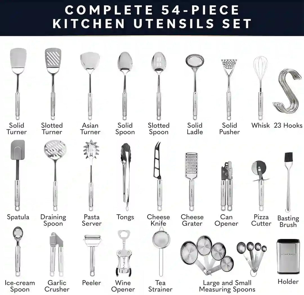 Utensil Set, 54-Piece Stainless Steel Cooking Tools, Silver Finish