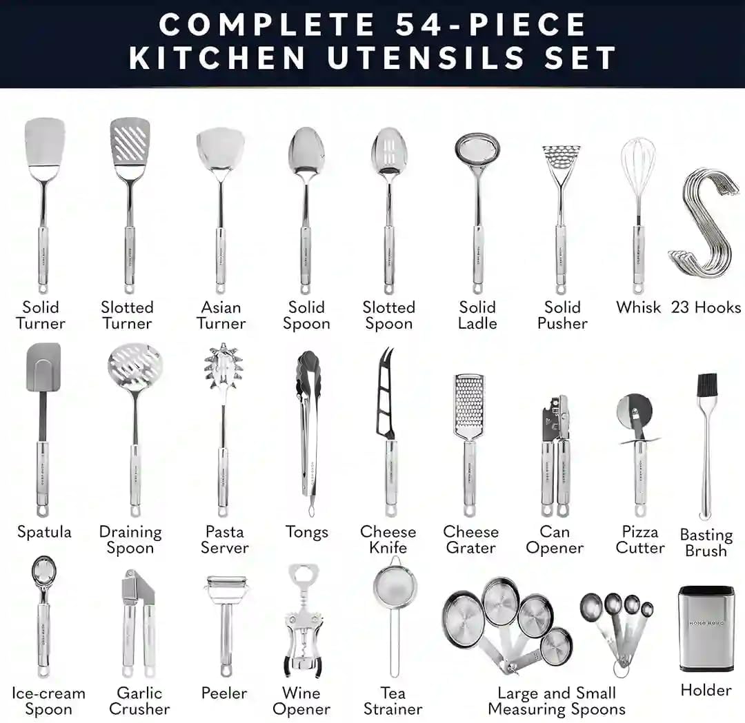 Utensil Set, 54-Piece Stainless Steel Cooking Tools, Silver Finish