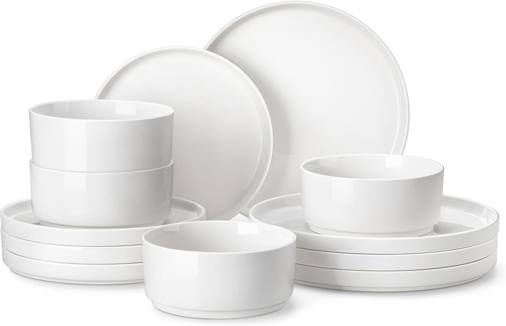 12 Pieces Porcelain Dinnerware Set, Modern White Dish Set for 4, Premium
