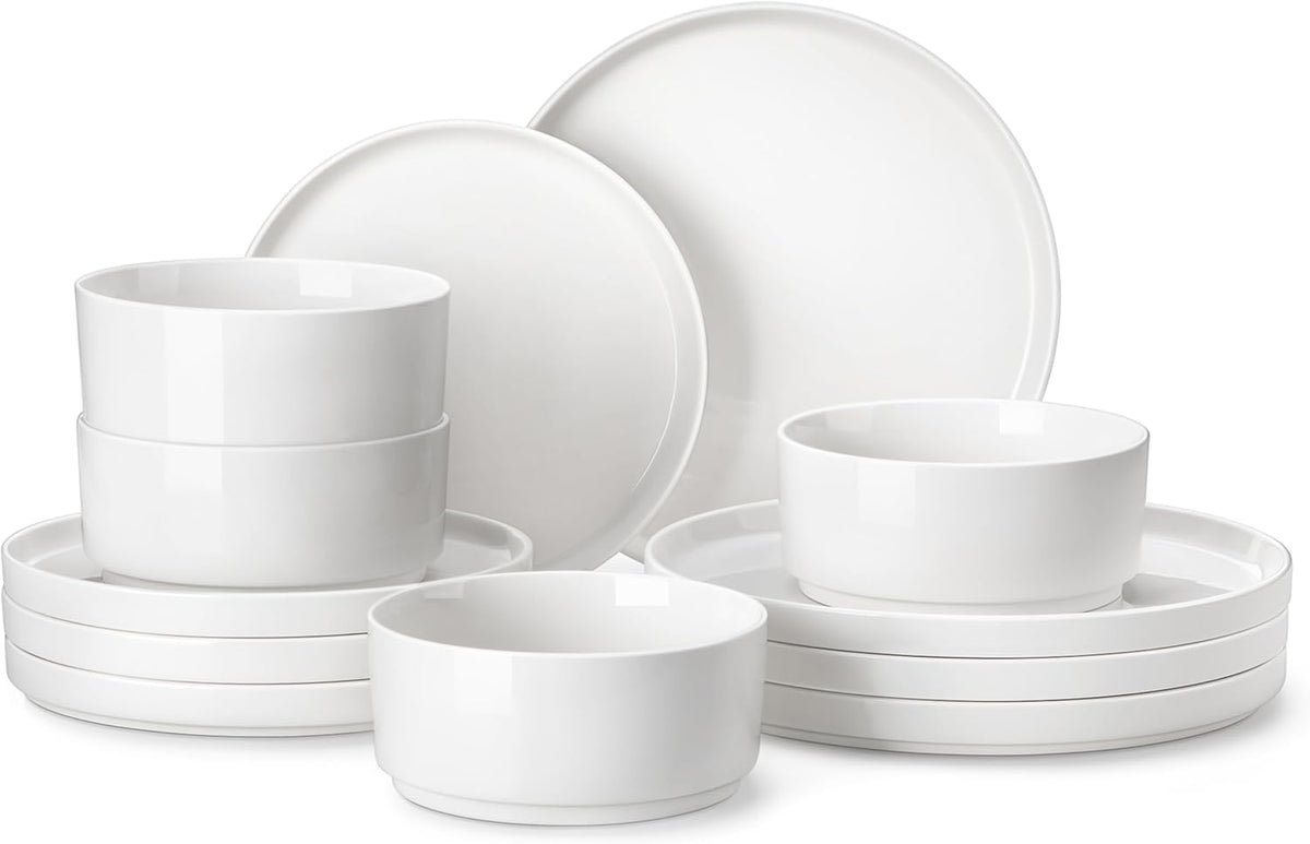 12 Pieces Porcelain Dinnerware Set, Modern White Dish Set for 4, Premium