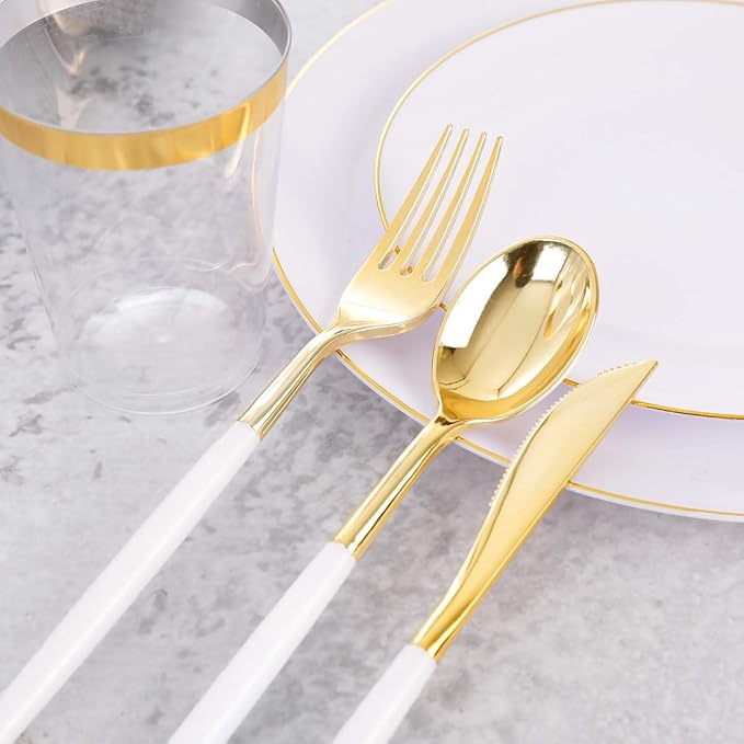 Disposable Plates Set, 350 Pieces, Gold Rim White Plastic for 50 Guests