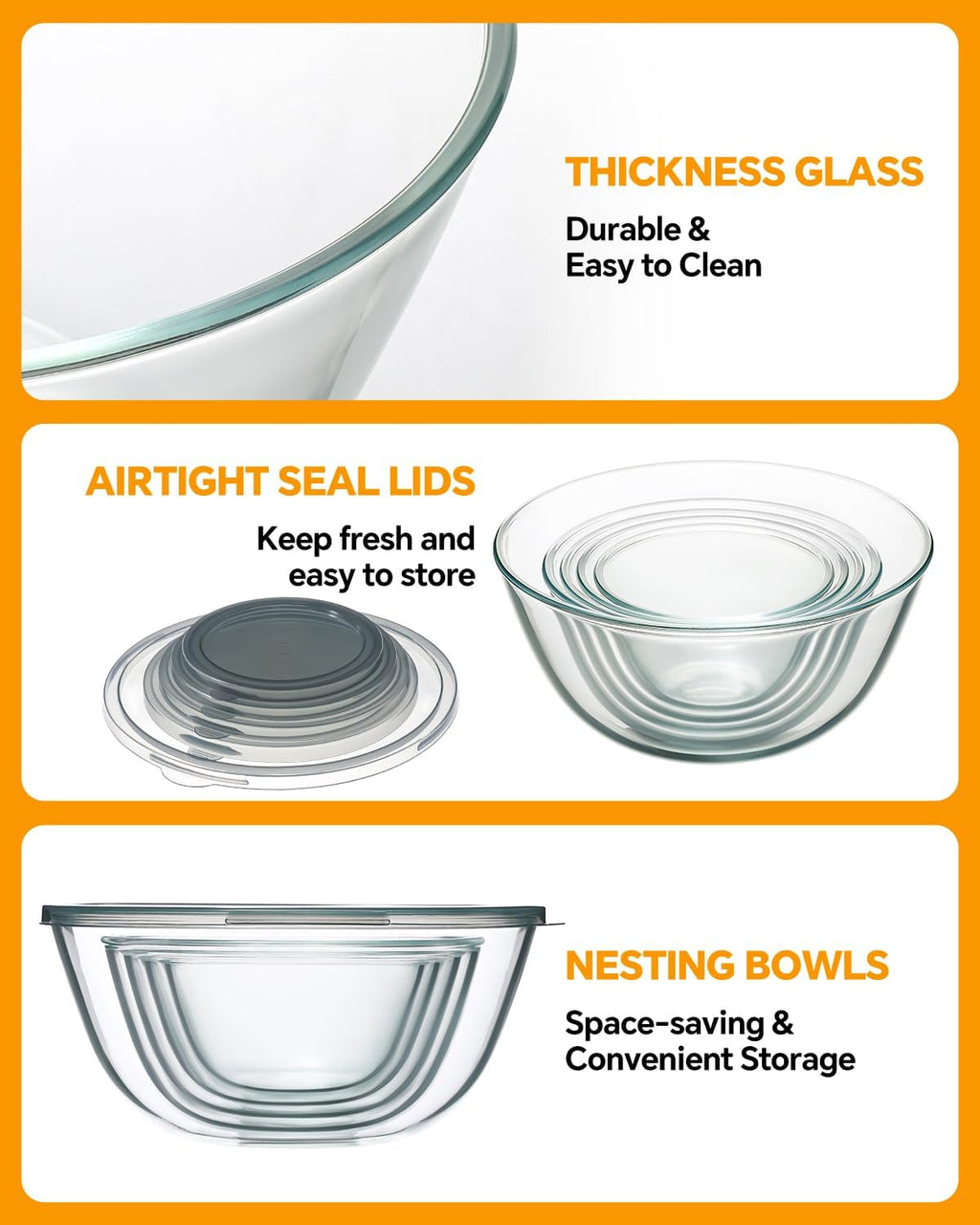 Glass Mixing Bowls with Lids Set of 5(4.78QT,2.2QT,1.7QT,1.1QT,0.85QT),Thick – size reference