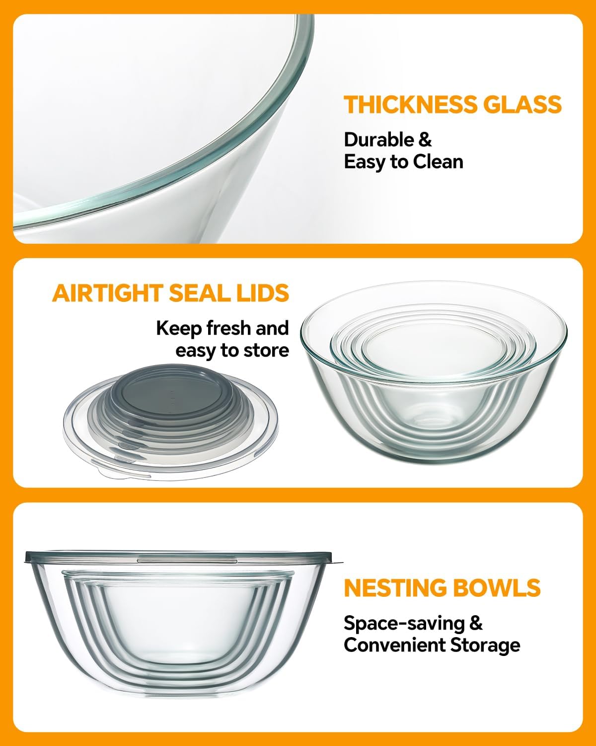 Glass Mixing Bowls with Lids Set of 5(4.78QT,2.2QT,1.7QT,1.1QT,0.85QT),Thick – size reference