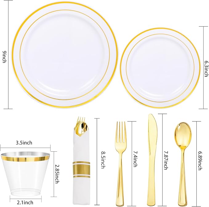 Plates Set in White and Gold Plastic, 350 Pieces for 50 Guests
