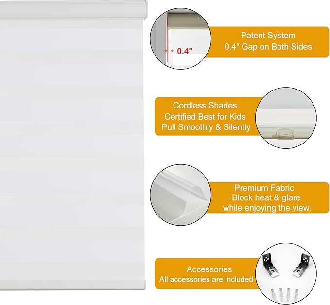 Persilux Cordless Zebra Blinds for Indoor Windows, Free-Stop Zebra Blinds Cordless, Light Filtering Sheer Shades Dual Layer for Day and Night, Zebra Roller Shades for Home (36.5" W X 47" H, White)