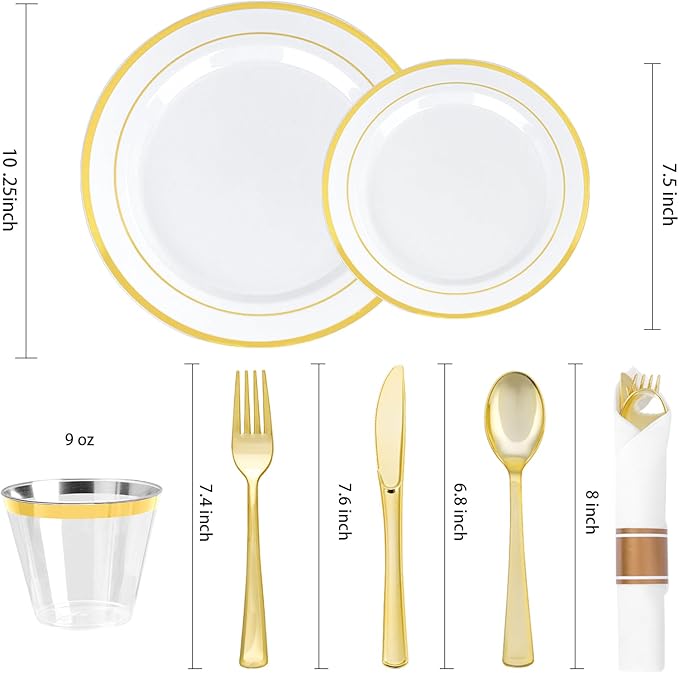 Plastic Plates Set with Gold Rims, 10.25 and 7.5 Inch, for 100 Guests