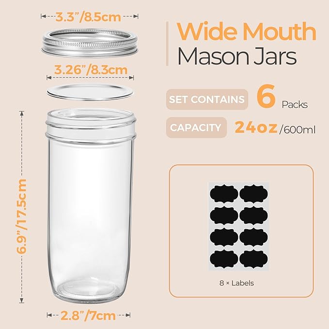 Wide Mouth Canning Jars 24 oz 6 Pack with Lids and Labels