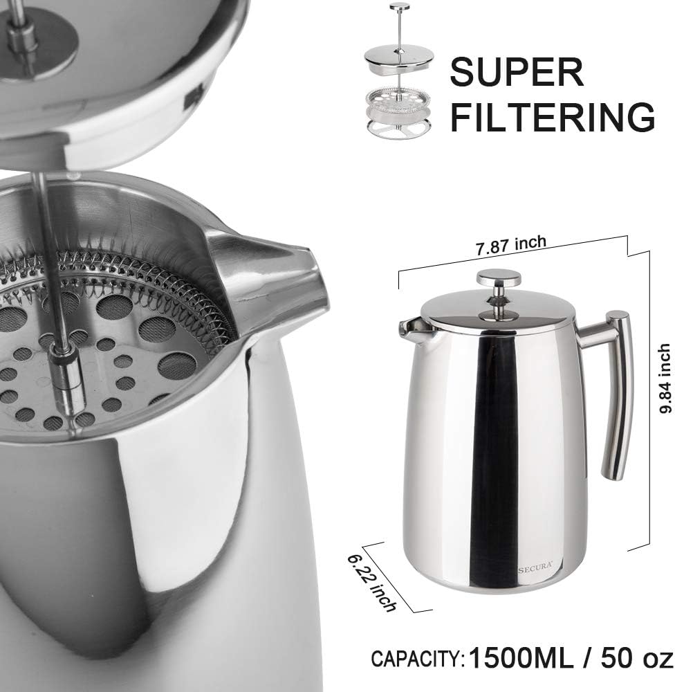 French Press with 50-Ounce Stainless Steel Body and Reusable Filter