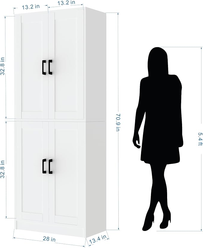71-Inch Freestanding Pantry Cabinet with Doors and Adjustable Shelves, White