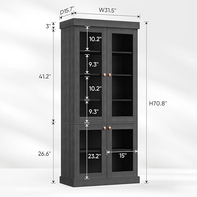 70.8" Bookshelf with Glass Doors, Farmhouse Modular Bookcase with 6-Tier Adjustable Shelves, Large Storage Cabinet for Living Room & Home Office, Set of 2, Black