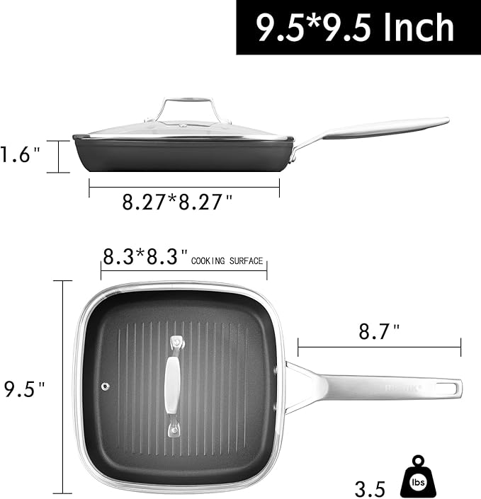Grill Pan with Lid, 9.5-Inch Square Non-Stick Aluminum