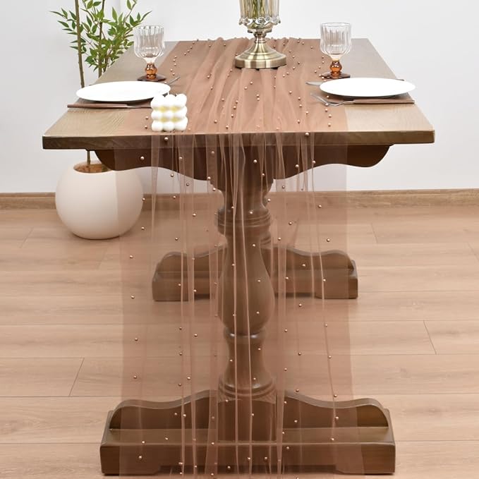 Table Runner 10 Ft Coffee Tulle with Pearls, 4 Pack