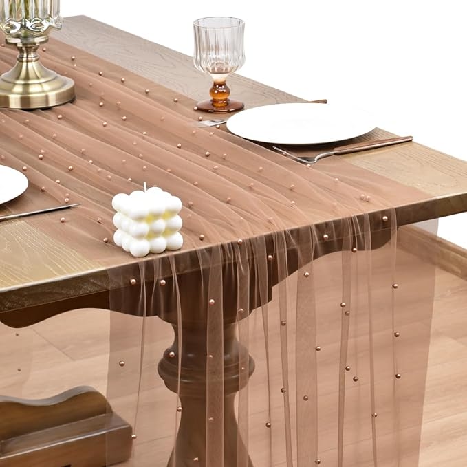 Table Runner 10 Ft Coffee Tulle with Pearls, 4 Pack
