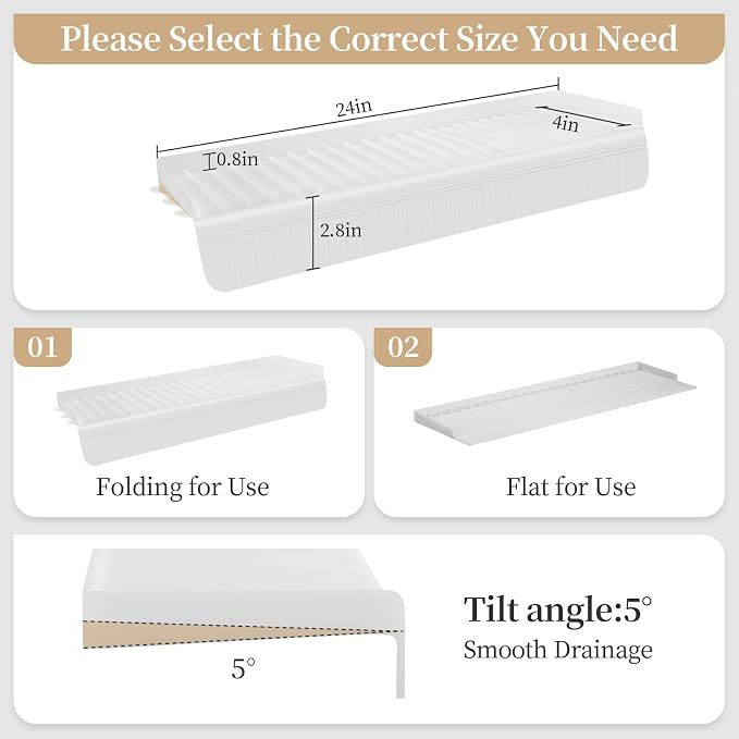 Dish Drying Mat Silicone Sink Splash Guard, 24 x 4 Inch, White