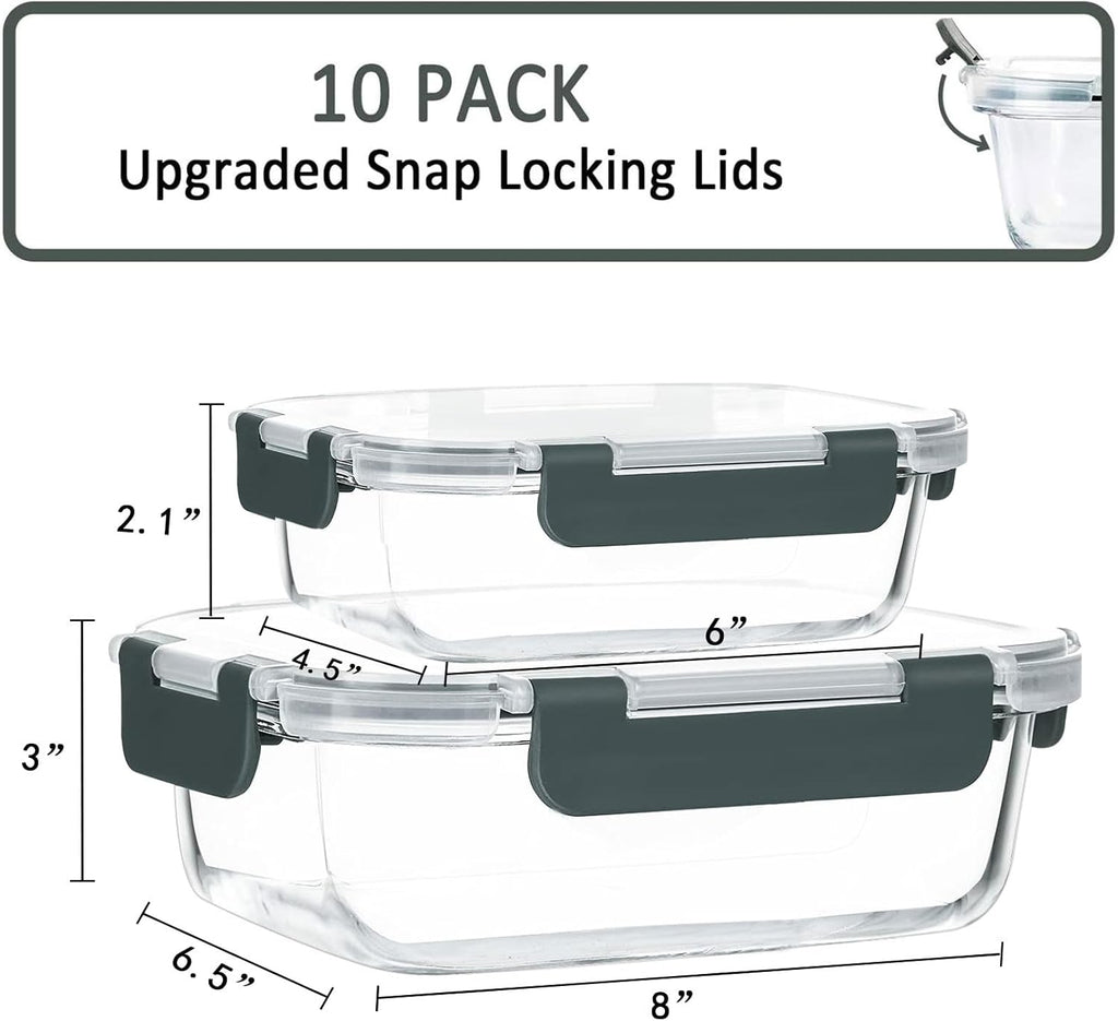 Meal Prep Container Set, Borosilicate Glass, 34 oz and 13 oz, Gray