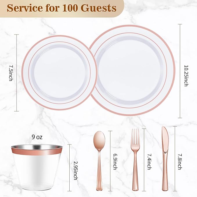 Plastic Party Plates Set, 600 Pieces for 100 Guests in Rose Gold