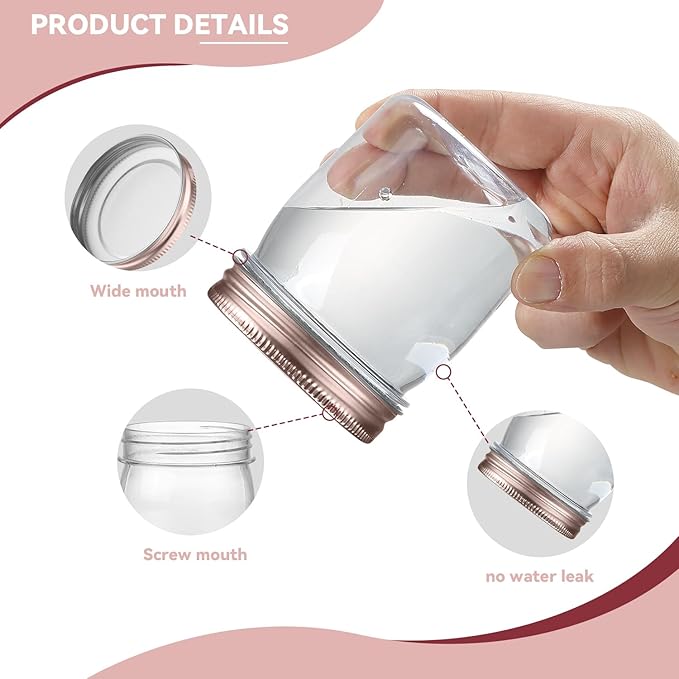 Food Storage Jars 32 Pack, 8 oz Clear Plastic with Rose Gold Lids