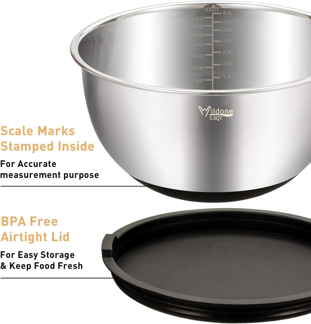 Mixing Bowls Set, 5 Pieces, Stainless Steel with Lids and Graters, Black