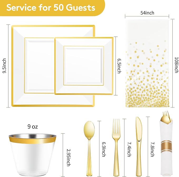 Plates Set, Gold Square Plastic, 352 Pieces for 50 Guests